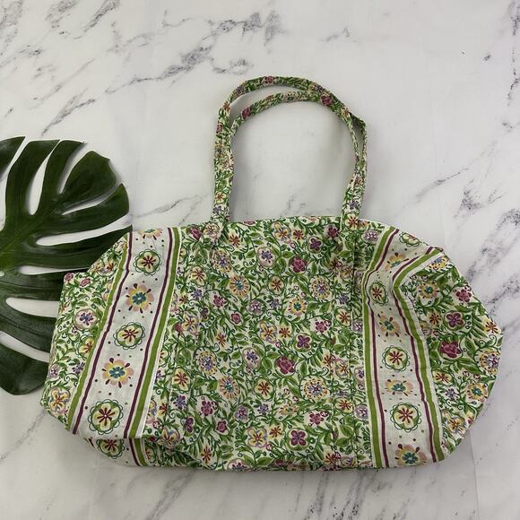 Vintage y2k Quilted Duffle Travel Bag Green Pink Floral Overnight Cottage Cotton - Picture 1 of 12